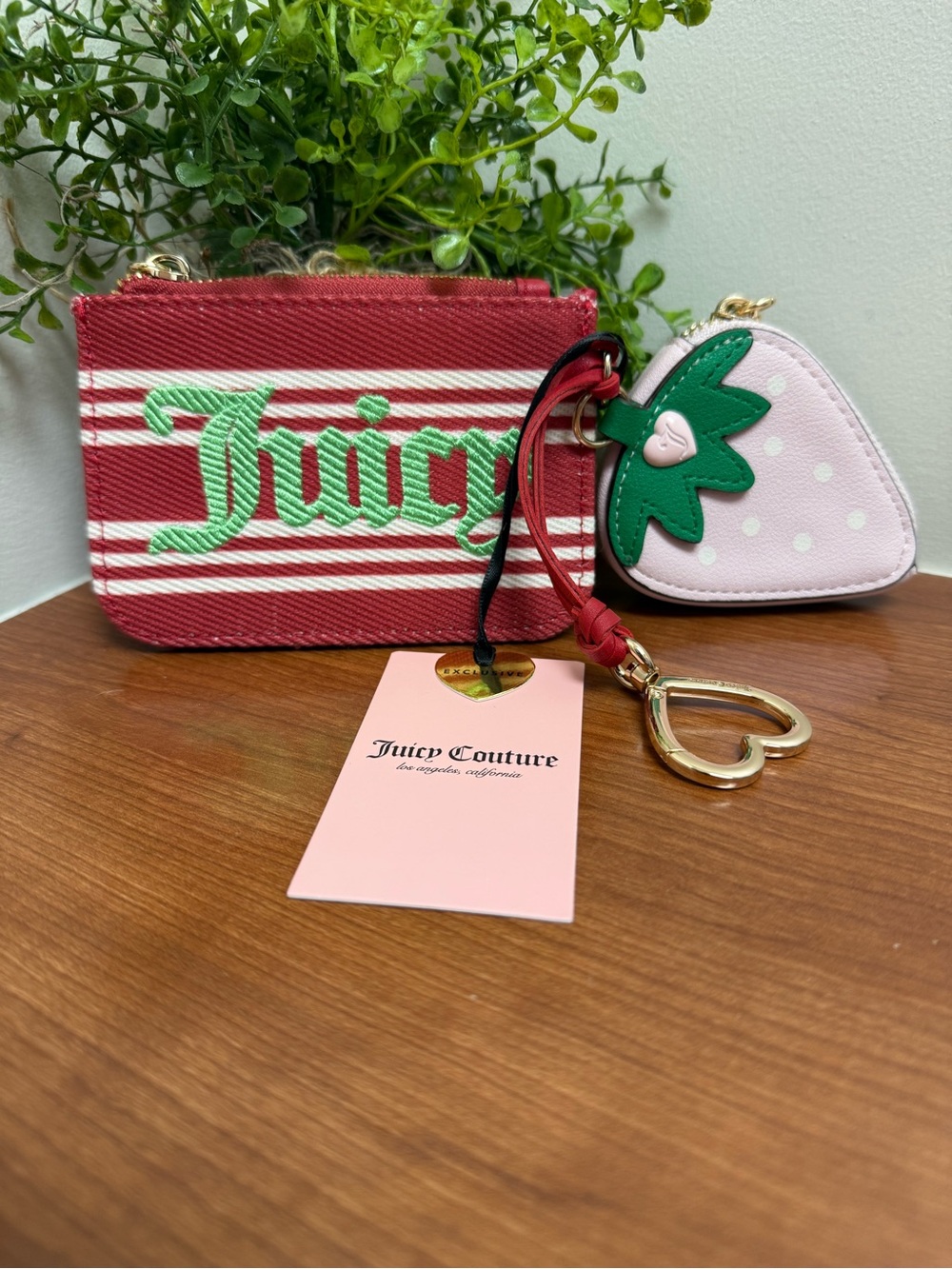 Juicy Couture Red and White Stripe Coin Pouch with Pink Strawberry Charm NWT
